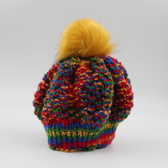 Handmade Hand Knit Double Moss Stitch Multicolur Acrylic Beanie Yellow Pom Pom - Picture 4 of 4